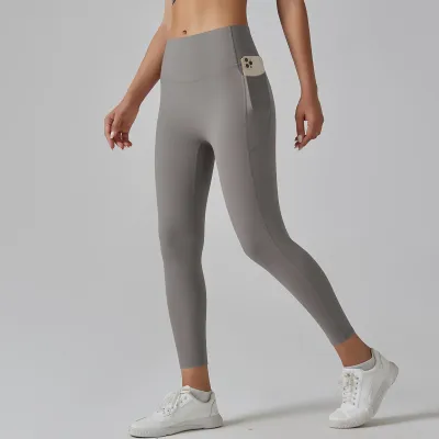 Women Fashion Solid Color High Waist Traceless Quick-Drying Tight Pocket Sports Yoga Leggings