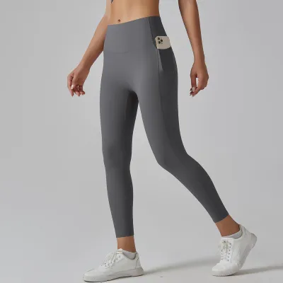 Women Fashion Solid Color High Waist Traceless Quick-Drying Tight Pocket Sports Yoga Leggings