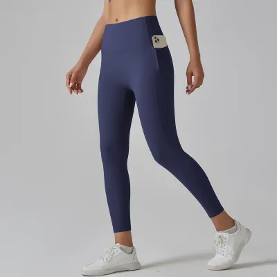 Women Fashion Solid Color High Waist Traceless Quick-Drying Tight Pocket Sports Yoga Leggings