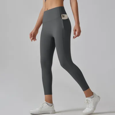 Women Fashion Solid Color High Waist Traceless Quick-Drying Tight Pocket Sports Yoga Leggings