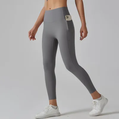 Women Fashion Solid Color High Waist Traceless Quick-Drying Tight Pocket Sports Yoga Leggings