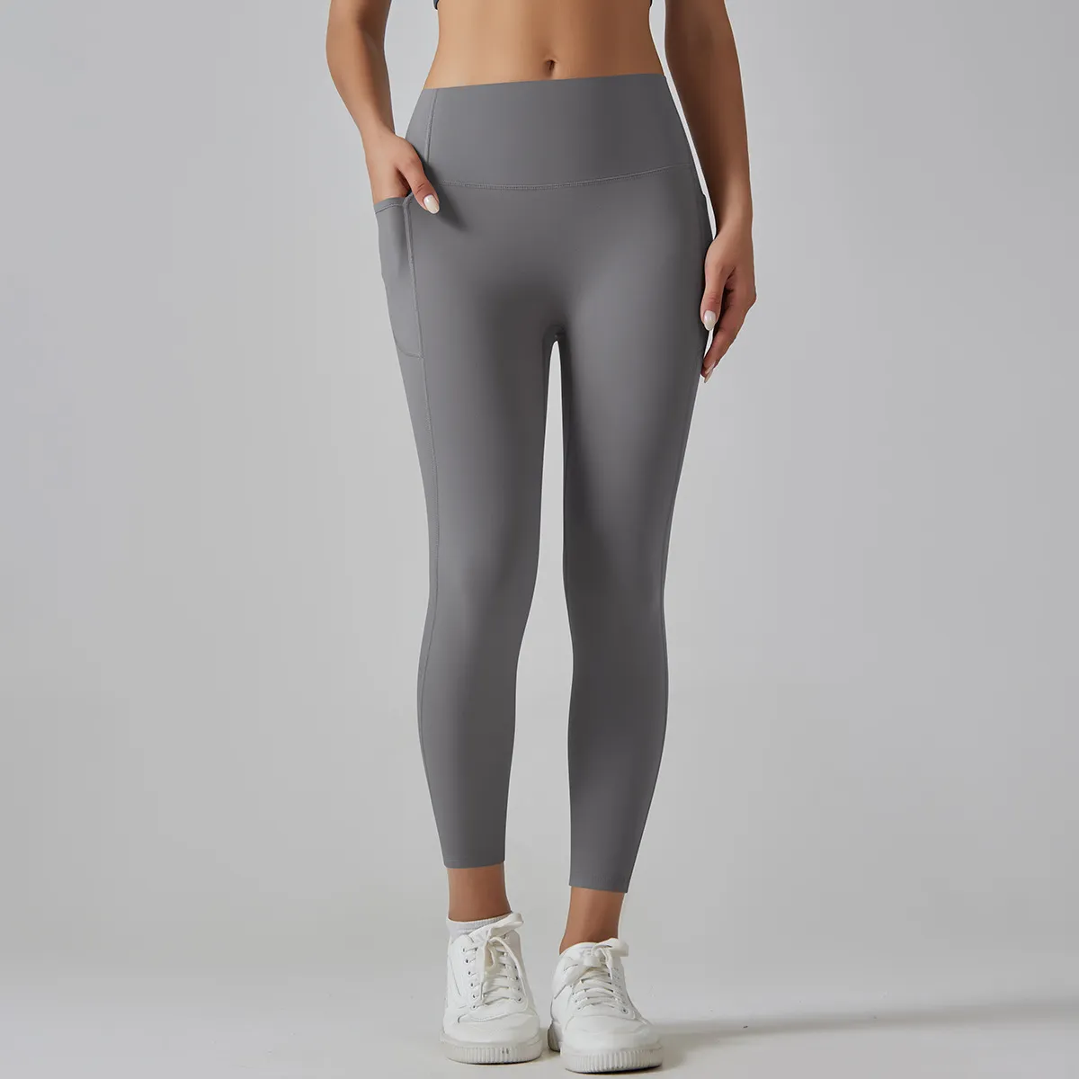 Women Fashion Solid Color High Waist Traceless Quick-Drying Tight Pocket Sports Yoga Leggings