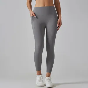 Women Fashion Solid Color High Waist Traceless Quick-Drying Tight Pocket Sports Yoga Leggings