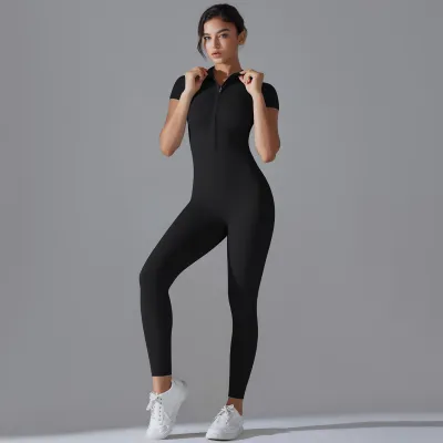 Women Fashion Casual Solid Color Zipper Short-Sleeve High-Stretch Tight Yoga Sports Jumpsuit