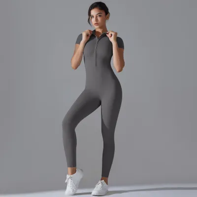 Women Fashion Casual Solid Color Zipper Short-Sleeve High-Stretch Tight Yoga Sports Jumpsuit