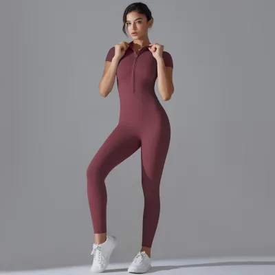 Women Fashion Casual Solid Color Zipper Short-Sleeve High-Stretch Tight Yoga Sports Jumpsuit