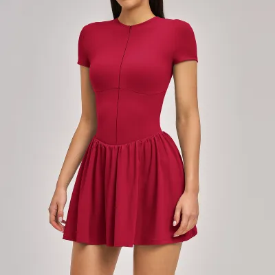 Women Fashion Casual Solid Color Short-Sleeve Pocket Sports Dress