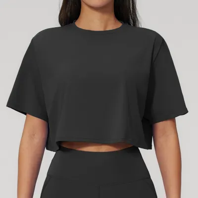 Women Fashion Casual Solid Color Short-Sleeve Loose Yoga Sports T-Shirt