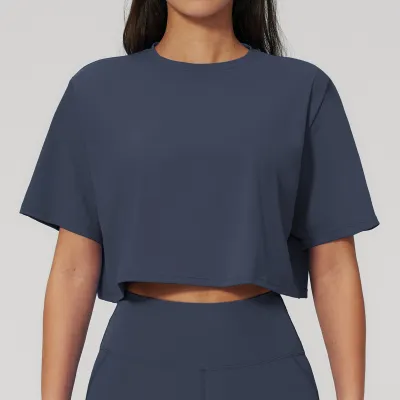 Women Fashion Casual Solid Color Short-Sleeve Loose Yoga Sports T-Shirt