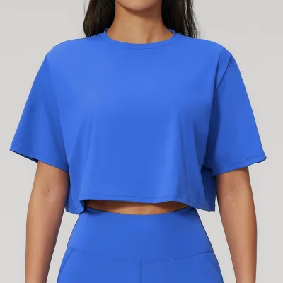 Women Fashion Casual Solid Color Short-Sleeve Loose Yoga Sports T-Shirt