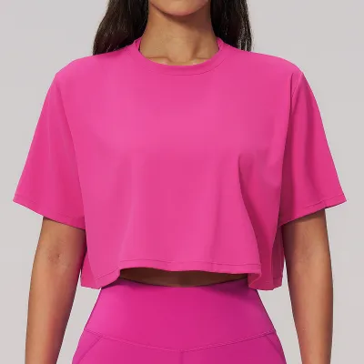 Women Fashion Casual Solid Color Short-Sleeve Loose Yoga Sports T-Shirt