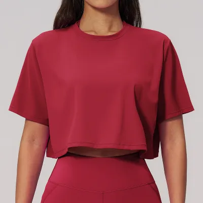 Women Fashion Casual Solid Color Short-Sleeve Loose Yoga Sports T-Shirt