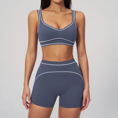 Women Fashion Casual Contrast Color Sanding Bra Tight Shorts Yoga Sports Two-Piece Set