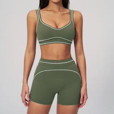 Women Fashion Casual Contrast Color Sanding Bra Tight Shorts Yoga Sports Two-Piece Set