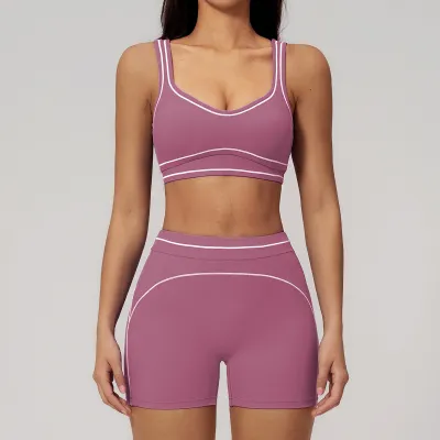 Women Fashion Casual Contrast Color Sanding Bra Tight Shorts Yoga Sports Two-Piece Set
