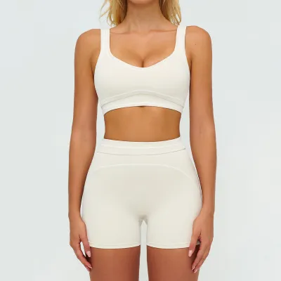 Women Fashion Casual Contrast Color Sanding Bra Tight Shorts Yoga Sports Two-Piece Set