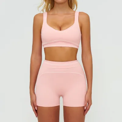 Women Fashion Casual Contrast Color Sanding Bra Tight Shorts Yoga Sports Two-Piece Set