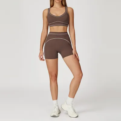 Women Fashion Casual Contrast Color Sanding Bra Tight Shorts Yoga Sports Two-Piece Set