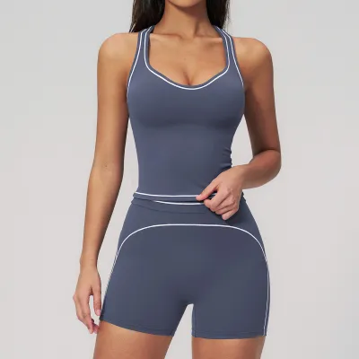 Women Fashion Casual Contrast Color Sanding Tank Top Tight Shorts Yoga Sports Two-Piece Set