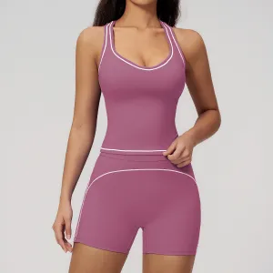 Women Fashion Casual Contrast Color Sanding Tank Top Tight Shorts Yoga Sports Two-Piece Set