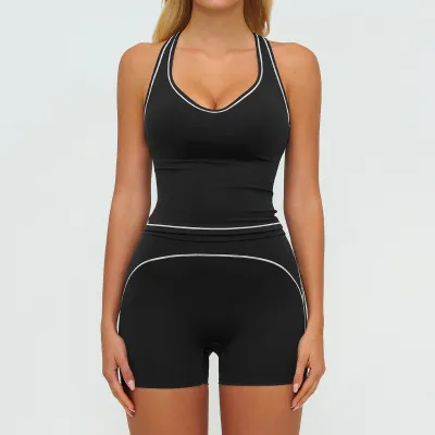Women Fashion Casual Contrast Color Sanding Tank Top Tight Shorts Yoga Sports Two-Piece Set