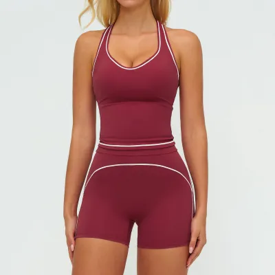Women Fashion Casual Contrast Color Sanding Tank Top Tight Shorts Yoga Sports Two-Piece Set