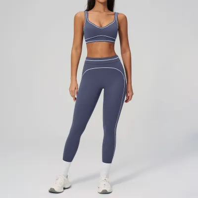 Women Fashion Casual Contrast Color Sanding Bra Tight Pants Yoga Sports Two-Piece Set