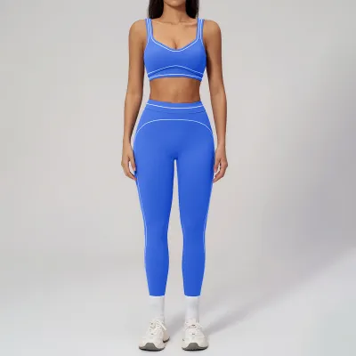 Women Fashion Casual Contrast Color Sanding Bra Tight Pants Yoga Sports Two-Piece Set