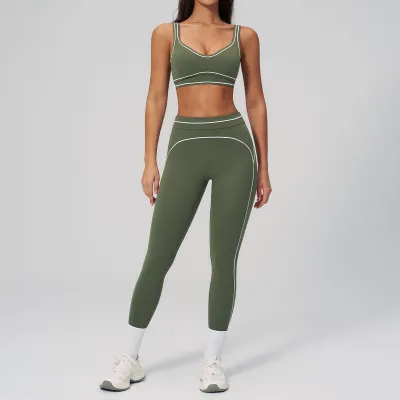 Women Fashion Casual Contrast Color Sanding Bra Tight Pants Yoga Sports Two-Piece Set