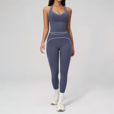 Women Fashion Casual Contrast Color Sanding Tank Top Tight Pants Yoga Sports Two-Piece Set