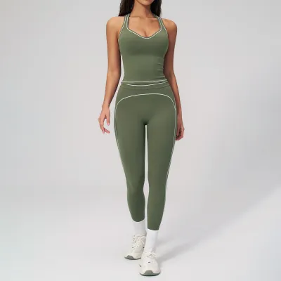 Women Fashion Casual Contrast Color Sanding Tank Top Tight Pants Yoga Sports Two-Piece Set