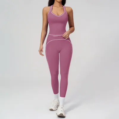 Women Fashion Casual Contrast Color Sanding Tank Top Tight Pants Yoga Sports Two-Piece Set