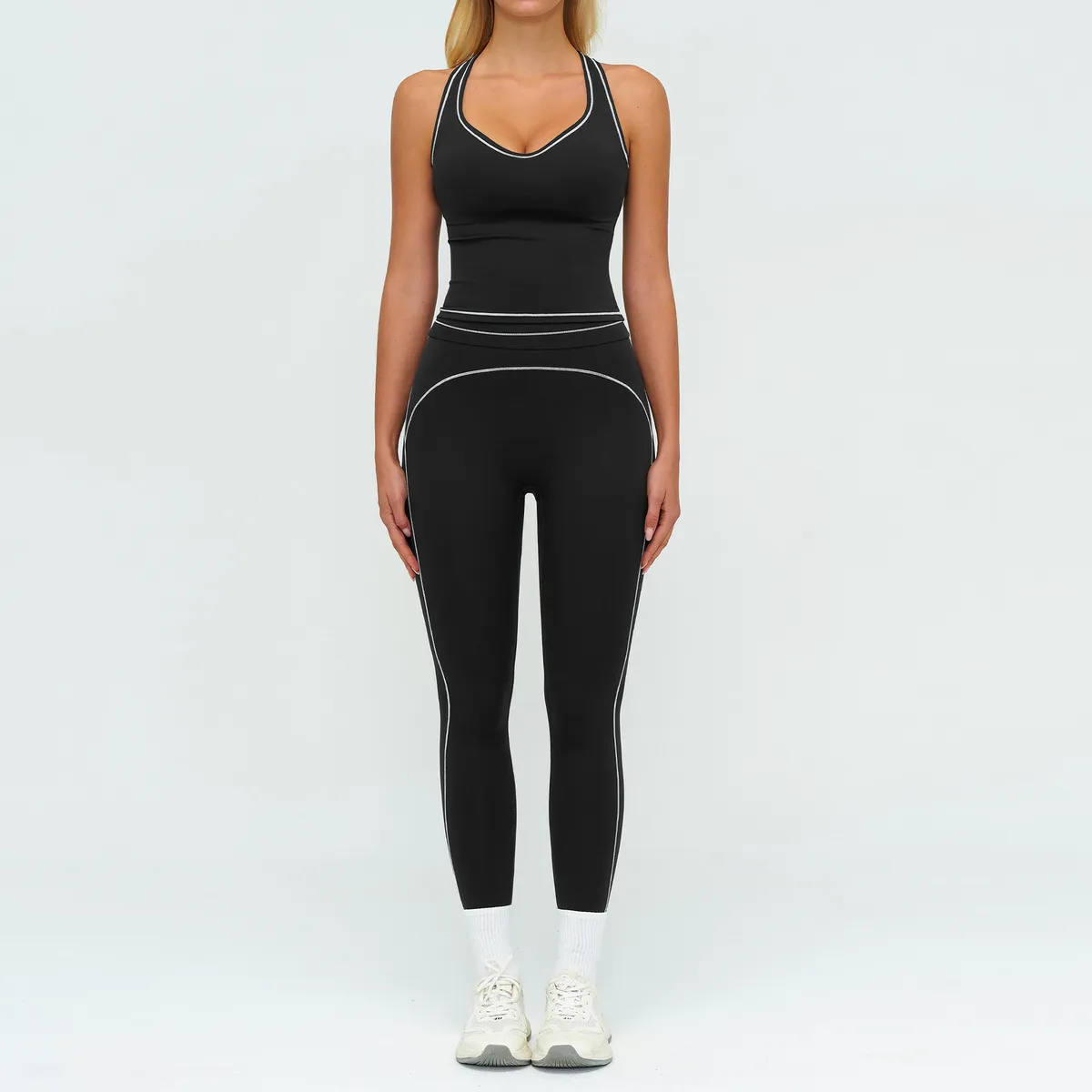 Women Fashion Casual Contrast Color Sanding Tank Top Tight Pants Yoga Sports Two-Piece Set