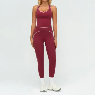 Women Fashion Casual Contrast Color Sanding Tank Top Tight Pants Yoga Sports Two-Piece Set