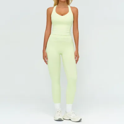 Women Fashion Casual Contrast Color Sanding Tank Top Tight Pants Yoga Sports Two-Piece Set