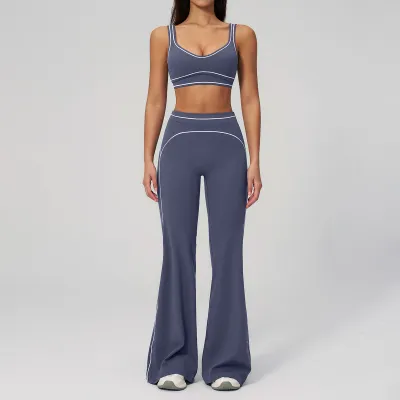 Women Fashion Casual Contrast Color Sanding Bra Wide-Leg Pants Yoga Sports Two-Piece Set