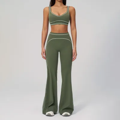 Women Fashion Casual Contrast Color Sanding Bra Wide-Leg Pants Yoga Sports Two-Piece Set
