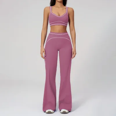 Women Fashion Casual Contrast Color Sanding Bra Wide-Leg Pants Yoga Sports Two-Piece Set
