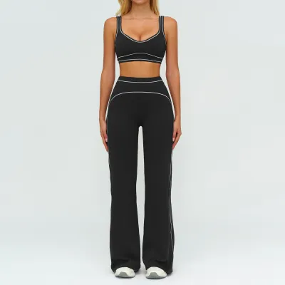 Women Fashion Casual Contrast Color Sanding Bra Wide-Leg Pants Yoga Sports Two-Piece Set