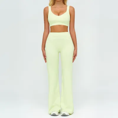 Women Fashion Casual Contrast Color Sanding Bra Wide-Leg Pants Yoga Sports Two-Piece Set