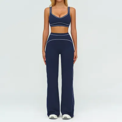 Women Fashion Casual Contrast Color Sanding Bra Wide-Leg Pants Yoga Sports Two-Piece Set