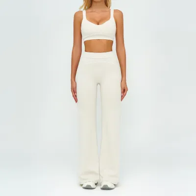 Women Fashion Casual Contrast Color Sanding Bra Wide-Leg Pants Yoga Sports Two-Piece Set