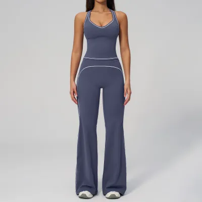 Women Fashion Casual Contrast Color Sanding Tank Top Wide-Leg Pants Yoga Sports Two-Piece Set