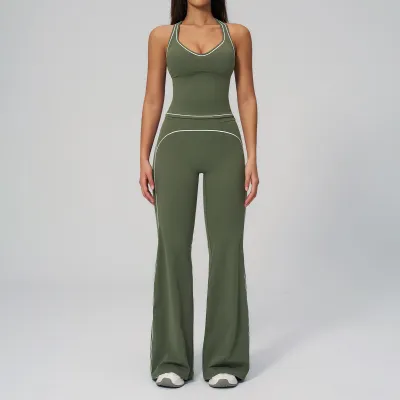 Women Fashion Casual Contrast Color Sanding Tank Top Wide-Leg Pants Yoga Sports Two-Piece Set
