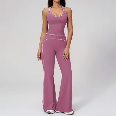 Women Fashion Casual Contrast Color Sanding Tank Top Wide-Leg Pants Yoga Sports Two-Piece Set