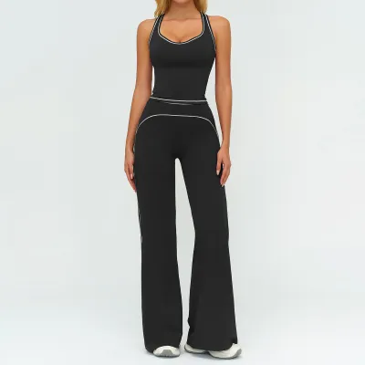 Women Fashion Casual Contrast Color Sanding Tank Top Wide-Leg Pants Yoga Sports Two-Piece Set