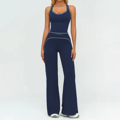 Women Fashion Casual Contrast Color Sanding Tank Top Wide-Leg Pants Yoga Sports Two-Piece Set