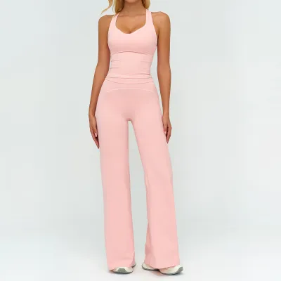 Women Fashion Casual Contrast Color Sanding Tank Top Wide-Leg Pants Yoga Sports Two-Piece Set