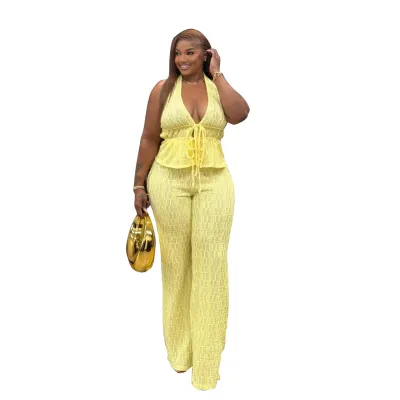 Women Fashion Casual Summer Solid Color Jacquard Halter-Neck Sleeveless Top Straight Pants Two-Piece Set