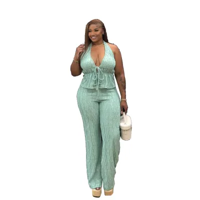 Women Fashion Casual Summer Solid Color Jacquard Halter-Neck Sleeveless Top Straight Pants Two-Piece Set
